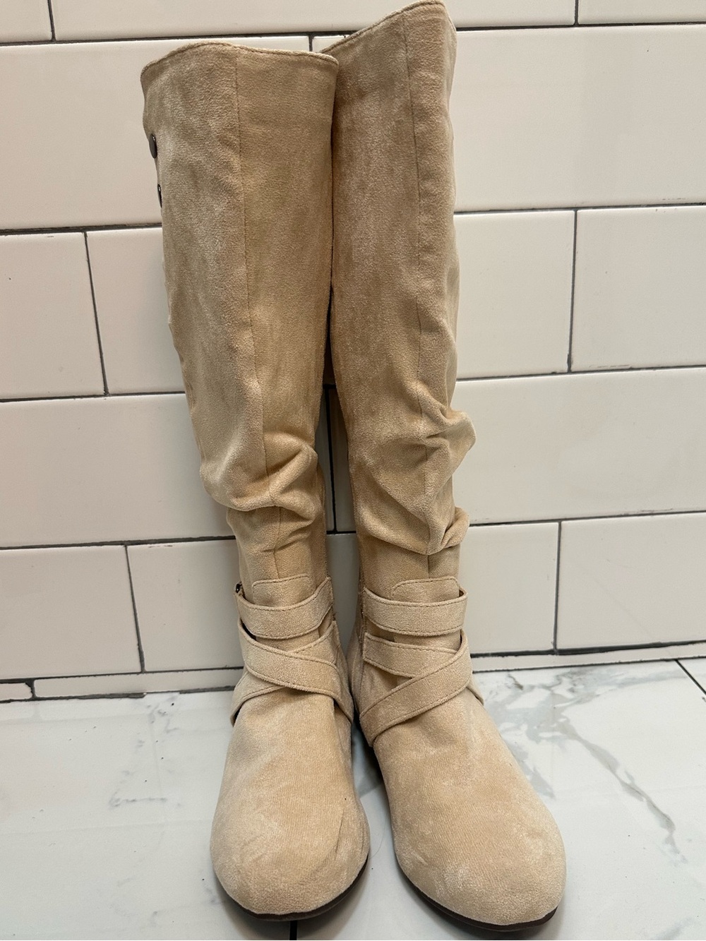 Beige Faux Suede Slouchy Knee High Boots Criss Cross Strap